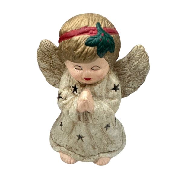 Christmas Ceramic PRAYING Angel Tea Light Candle Holder GILDED Stars Retro Decor - Picture 3 of 9